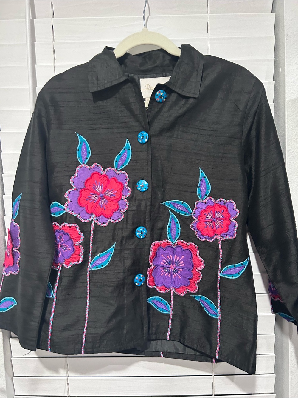 Daniel K Black Floral Embroidered Jacket with Pink & Purple Appliqué